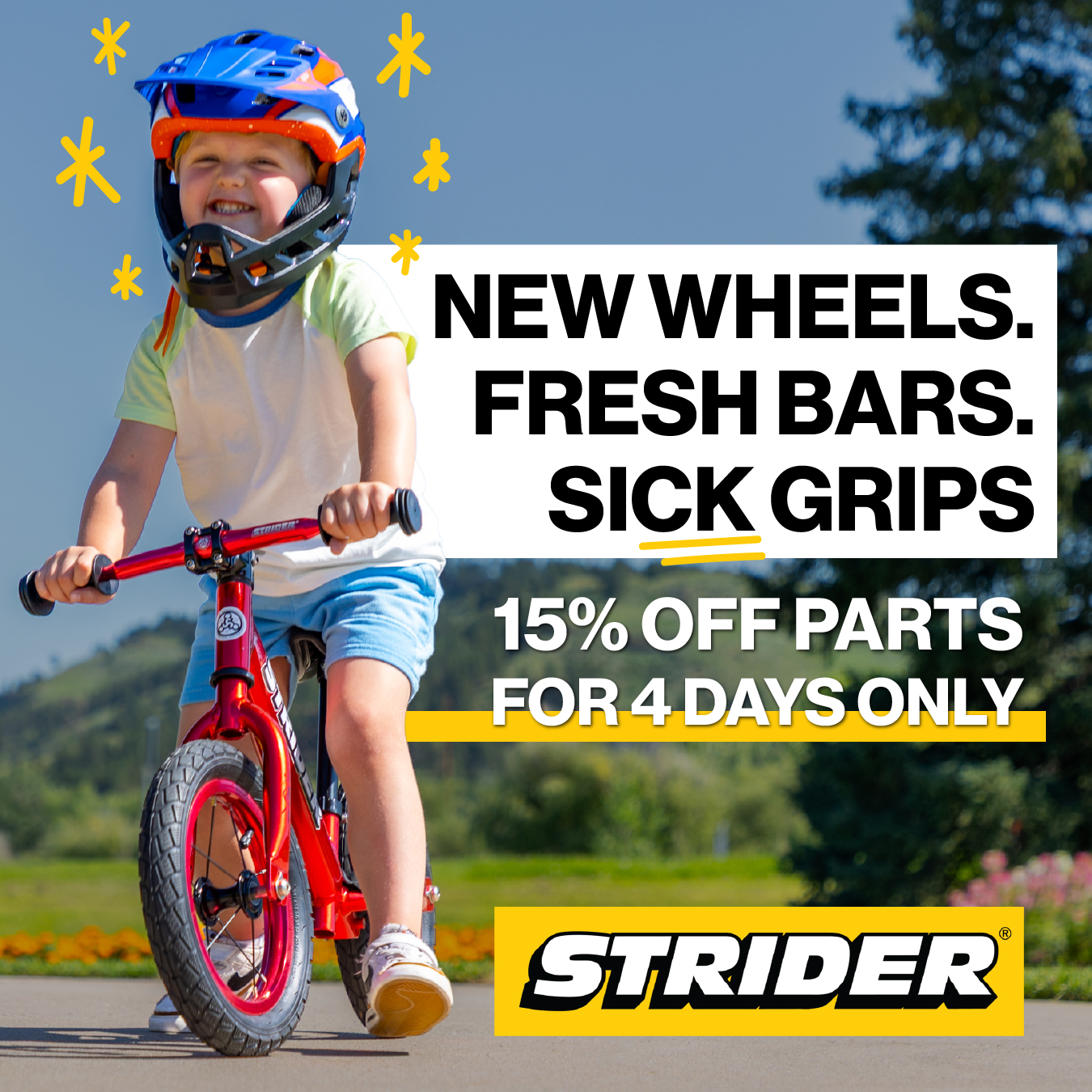 New Wheels. Fresh Bars. Sick Grips — product-forward