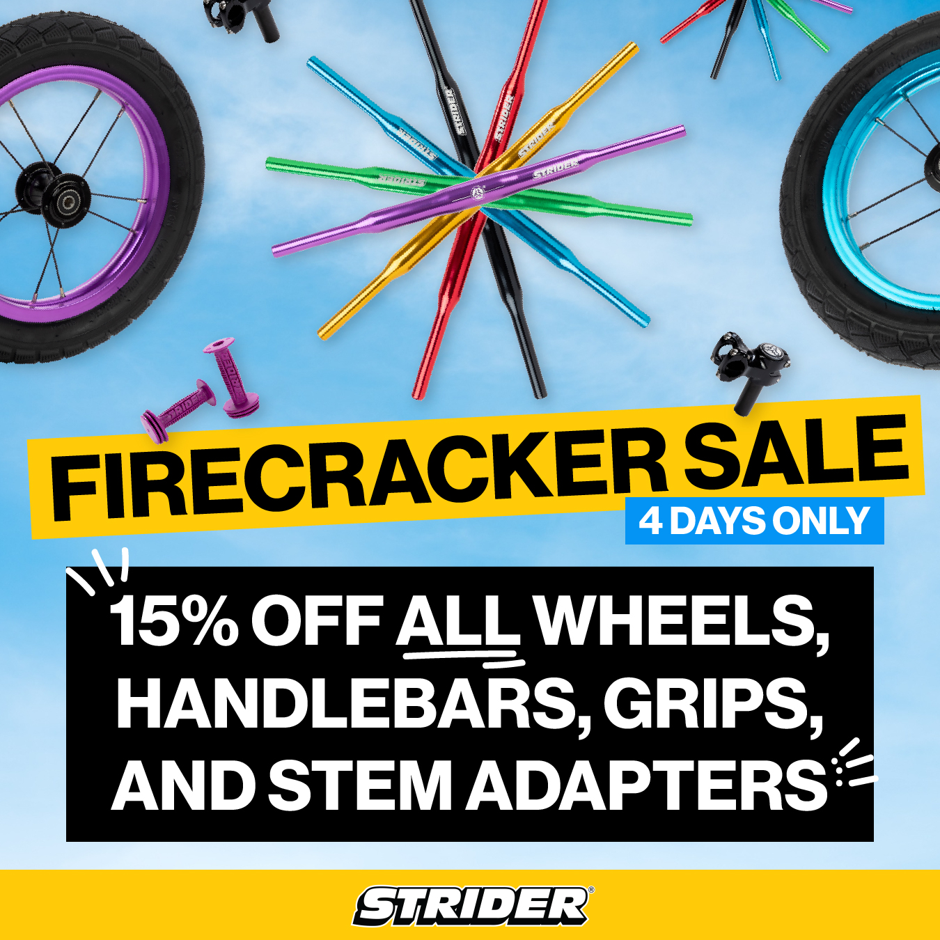 15% off wheels, handlebars, grips, stem adapters
